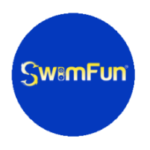 SwimFun logo, yellow text on blue background