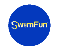 SwimFun logo, yellow text on blue background
