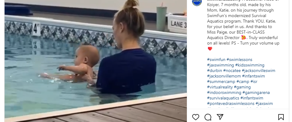 Baby swimming with mom in SwimFun's survival program